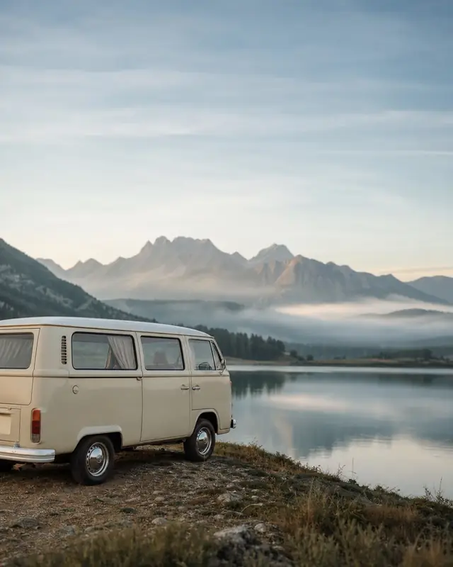 Vintage camper beside an alpine lake