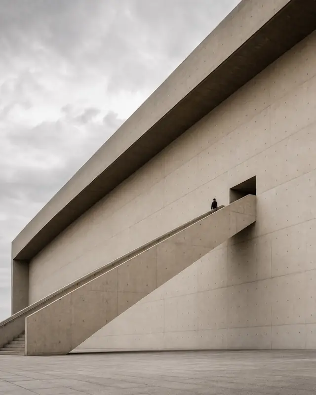 Minimal concrete museum with an exterior staircase