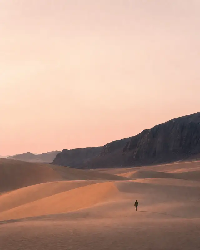 A solitary figure crossing a quiet desert landscape