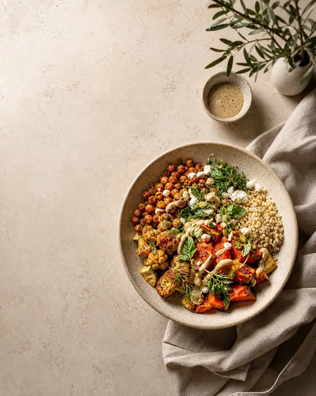 High-protein grain bowl on a warm stone table