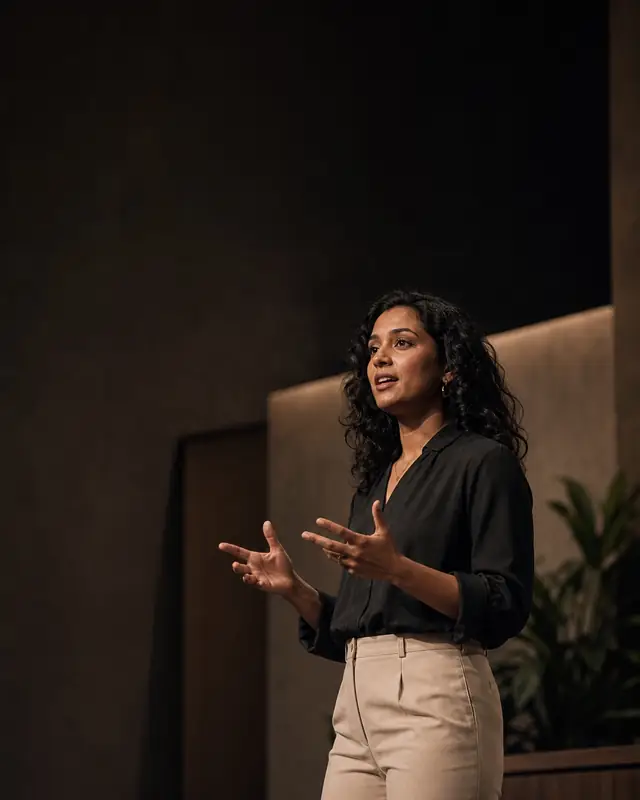 Founder speaking on a small stage